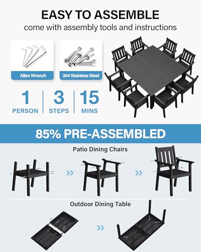 Image of YEFU HIPS Patio Table Set: 10 Piece Outdoor Table and Chairs Dining Furniture Set with Umbrella Hole - Black Modern Plastic Dining Sets 8 Person for Outside Deck with Metal Aluminum Frame