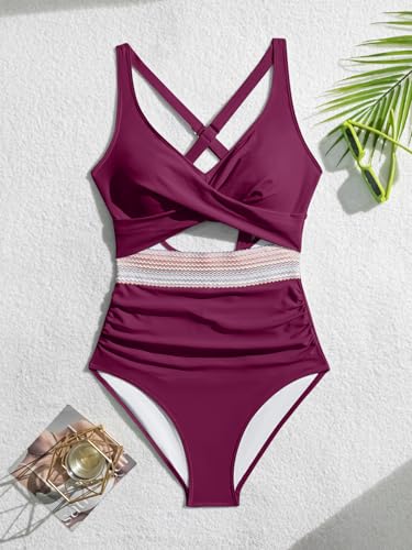 Image of B2prity Women's One Piece Swimsuit Tummy Control High Waisted Bathing Suit | Color Block,Removable Soft Cups,Cutout,V neck,Full Coverage,Adjustable Criss Cross Straps,Tie Back
