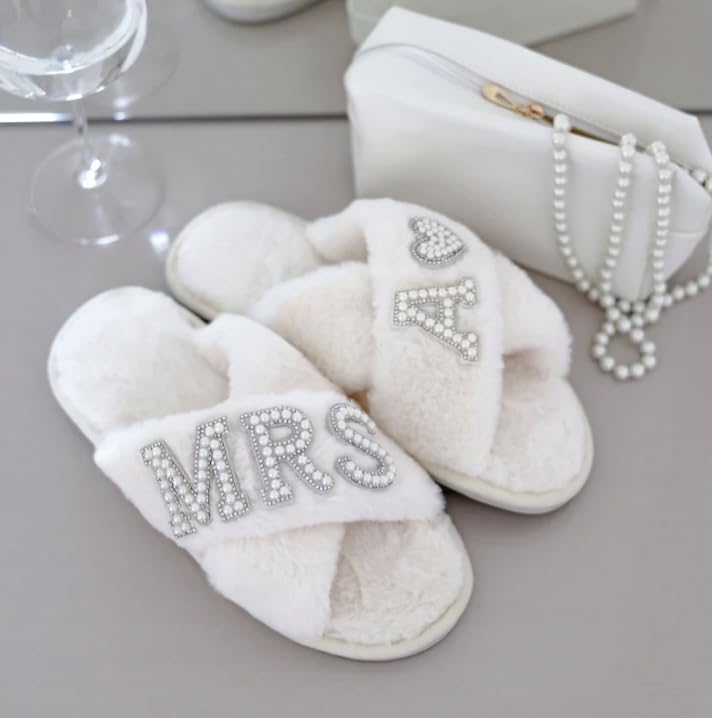Personalized Initial Wedding Bride Slippers MRS Pearl Letter Bridal Shower Gifts for Wedding Day (Black S)4