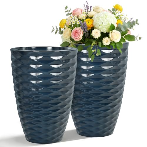Ultym 2-Pack 19" Glossy Navy Blue Resin Tall Planters with Wave Texture