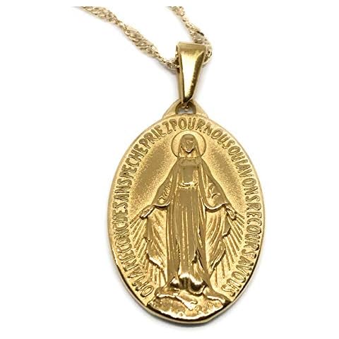 LESLIE BOULES Vintage Miraculous Medal Necklace 18K Gold Plated Chain 19 Inches Length Cover