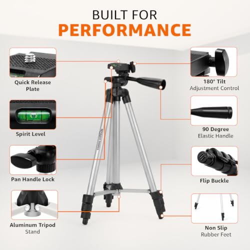 Image of Amazon Basics 55 Inch Aluminum Tripod Stand, Lightweight Adjustable with Phone Holder, 3-Way Pan Head, Bubble Level, Carry Bag, Compatible with Smartphones, GoPro, DSLR Cameras (5kg Load Capacity)