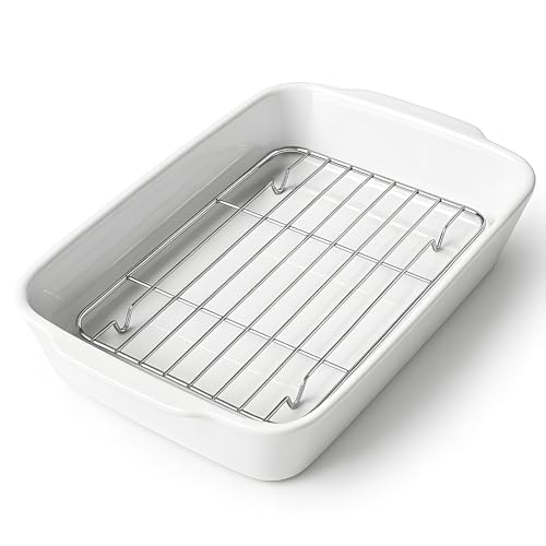 HOMBENE 4.2 QT White Casserole Dishes for Oven, Baking dishes with Roasting Racks, Rectangular Lasagna Pan with Handles for Baking, Ceramic Baking Pan, Microwave Oven Safe
