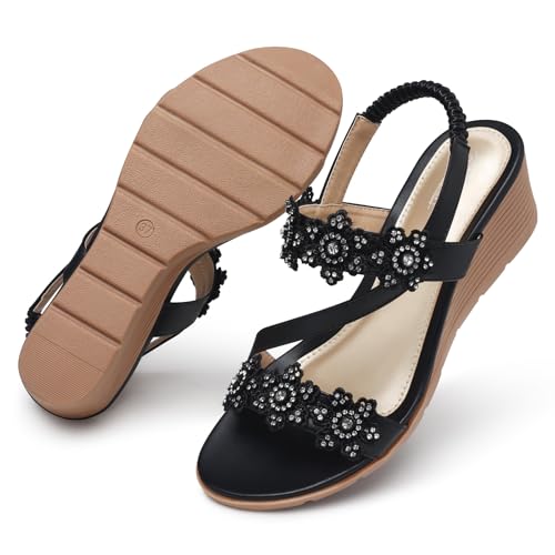Image of SHIBEVER Womens Wedge Sandals: Well-Cushioned and Support for Comfortable | Low heel, Adjustable Back Strap, Flower, Open Toe Dress Platform Strappy Shoes for Dressy and Casual Summer Size 5-11