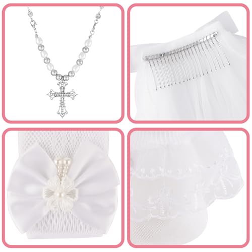 4 Pcs First Communion Veils Set 1st Communion Holy Veil with Hair Comb Gloves Sock Rosary Necklace First Communion Veil Wedding Hair Accessories for Kids Children3