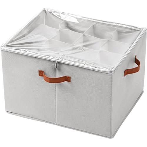 Creahaus Multipurpose Shoe Storage Box with Clear Lid, 16 Cells Shoe Box Organiser Containers with 3 Handles, Foldable Wardrobe Shoes Storage Boxes for Sandals, Kids Shoes, Clothes (Grey)