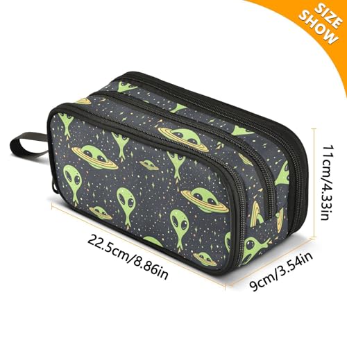 Image of Green Aliens Space Pencil Case Box Boys Girls Large Pencil Pouch Zipper Compartments Big Capacity Stationery Pen Bag Organizer for Kids Teens Adults School Office
