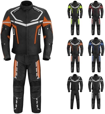 Hive Moto Mens Motorbike Suit Waterproof Cordura Jacket with Trouser Motorcycle Shoes Biker Protection Gloves CE Approved (Orange, XS)