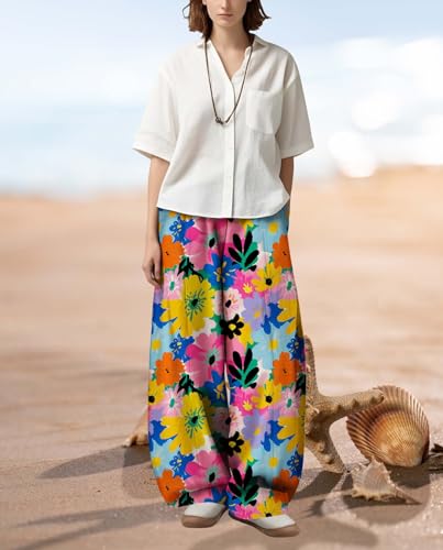 Womens Baggy Pants Floral Print Wide Leg Trousers Casual Elastic Waist Lantern Pant with Pockets for 2025 Summer4