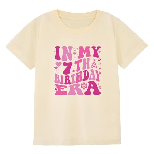 7th Birthday Shirt Girl Birthday Girl Shirt-Classic Crewneck Cotton Tees(US Age 7Years Apricot Pink 7)