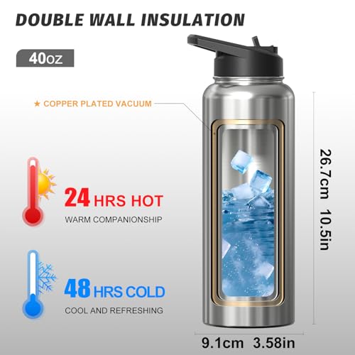 Image of 40oz Insulated Water Bottle (Cold for 48 Hrs),BPA Free&Leak Proof,Stainless Steel Water Flask,Water Jug with Straw Spout Lids for Gym,Hiking,Travel,Stainless