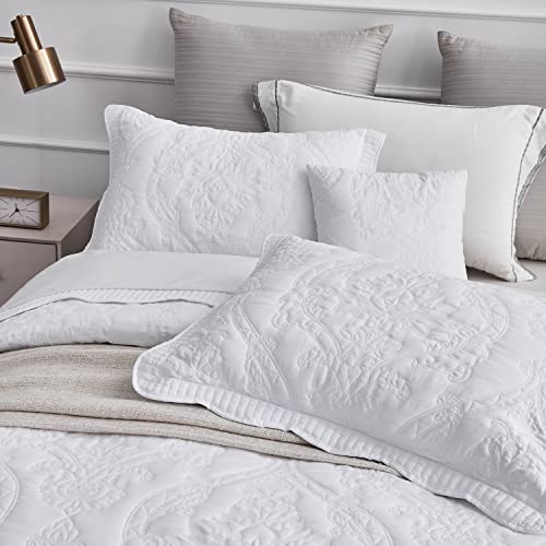 Image of CHIXIN Bedspread Coverlet Set Queen Size - Lightweight Bedding Cover - Beautiful Stitching - 5 Piece Reversible Bedspread - Gorgeous Damask Paisley Pattern (Queen, Pure White)