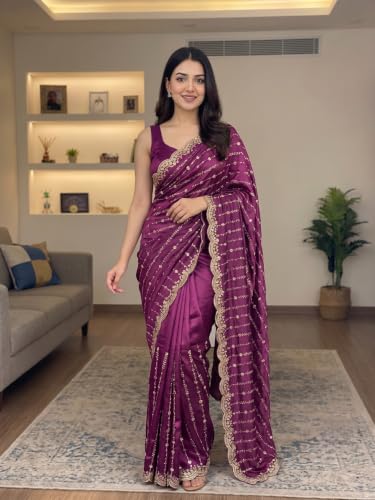 Image of RADHA Women's Embroidery Work Saree with Designer Border for Festive and Traditional Ethnic Drape Saree with Detailed Thread Style Pattern and Elegant Occasion Look