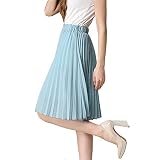 TEERFU Damska plisowana spódnica do kolan wysoka talia spódnica midi linia A Elasic Waist Skater Falred Solid Dress, Jasnoniebieski, XS-M