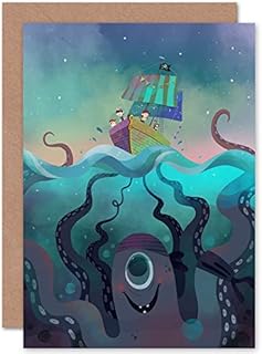Wee Blue Coo Pirate Ship Octopus Greetings Card
