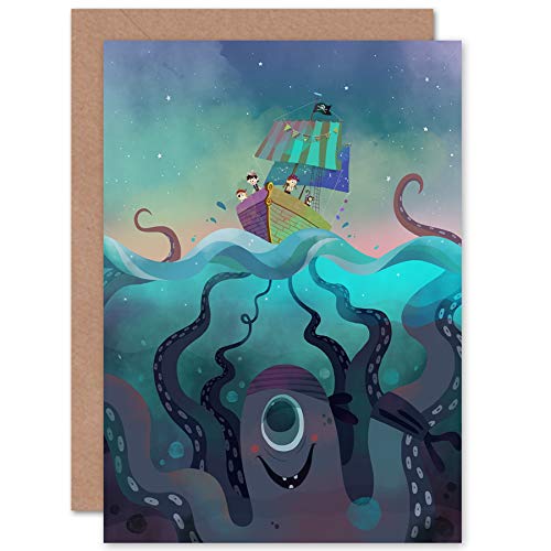 Wee Blue Coo Pirate Ship Octopus Greetings Card