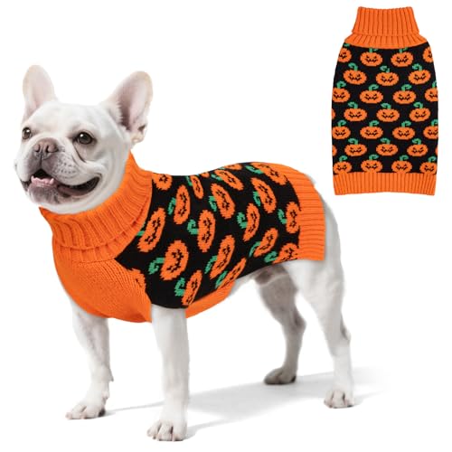 KYEESE Halloween Dog Sweater with Leash Hole Cute Pumpkin Turtleneck Puppy Warm Soft Orange Knitwear for Cat Dogs boy Cozy Puppy Sweater for Small Dogs Girl Comfortable Snug Dog Clothes, Small