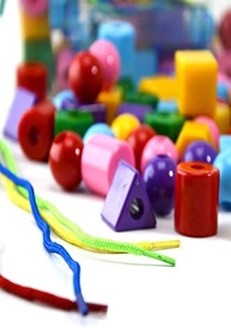 RoseRoi-İnce Motor 60 Parça Geometrik Şekiller İpe Boncuk Dizme Koordinasyon Renk Algı Eğitici Oyuncak - Görsel 4