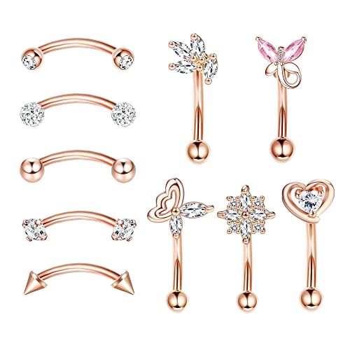 EVISPOL 10Pcs Eyebrow Piercing Jewelry Eyebrow Rings 16G Curved Barbell Cartilage Earring Lip Belly Rings Daith Rook Earrings Helix Conch Piercing Tragus Earrings for Women Men-Rose Gold-8mm