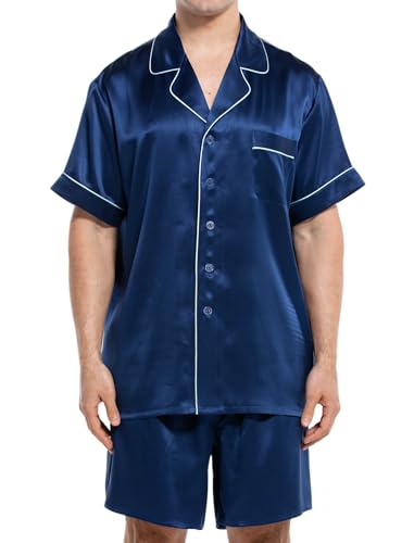 COLD POSH 100% 19MM Mulberry Silk Pajamas for Men Short Sleeve Button Up Mens Silk Pajama Set for Summer Pjs