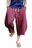 KAMUON Mens Casual Baggy Cotton Linen Pocket Lounge Harem Pants Beach Long Shorts (US L = Asian Tag 3XL : Waist 36'-37', Wine Red)