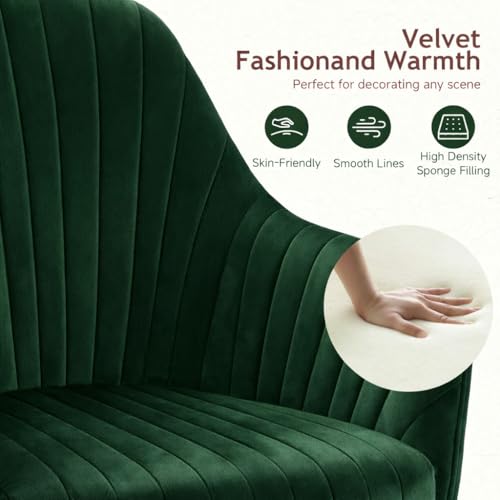 Image of AZAKEE Velvet Office Chair with Wheels & Armrests - Mid-Back Swivel Desk Chair for Home Office, Study, Bedroom & Vanity - Adjustable Height, Comfortable & Stylish (Green)