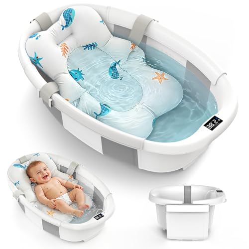 Image of Collapsible Baby Bathtub for Newborn to Toddlers 0-36 Months, Large Baby Tub with Thermometer & Cushion, Easy Setup Foldable Travel Infant Bathtub, Newborn Babies Boy Girl Bath Tubs Grey