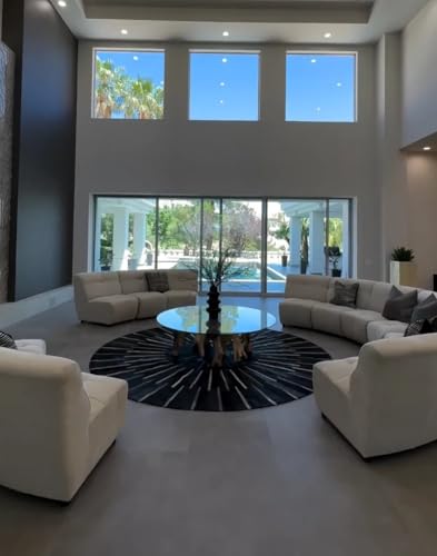 Image of Round Leather Area Rug, Cowhide Soft Hair Suede Leather Carpet, Luxury Sun Rays Stripes Patchwork Round Rug, Non Slip Floor Accent, Ideal for High Traffic Areas in Living Room, Color: Black (8x8 ft)