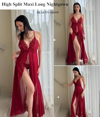 Image of SSoShHub Women Lingerie Lace Babydoll Dress Open Front Sleepwear Long Sheer Nightgowns V Neck Nightwear for Wife, Women Wedding Valentine Special Night Occasion Festival