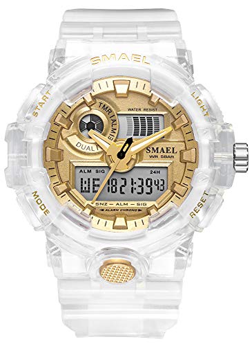 Men's Analog Display LED Watch Military Multifunctional Waterproof Quartz Sports Watch with Transparent Strap(White Gold) (White Gold)