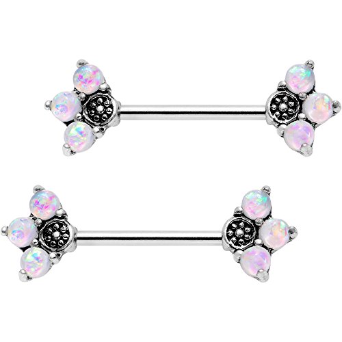 Body Candy Steel Iridescent White Accent Triplet Flower Barbell Nipple Ring Set of