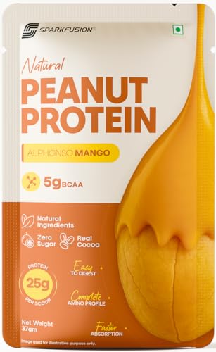 Image of SparkFusion Natural Peanut Protein Isolate - Flavor - 25g Protein, 5g BCAA, Zero Sugar, Gut-Friendly, Vegan, Lab-Tested, No Artificial Additives (370g (Pack of 10), Alphonso Mango)