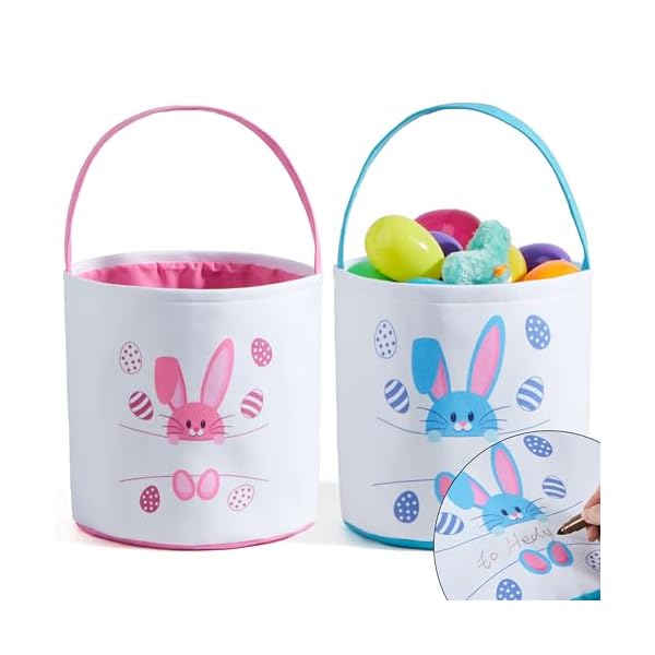 Joyin 2 pcs easter bunny cotton basket set personalized easter basket with name sign space blue pink bunny patterns gift bags party favor storage container for kids  urban country home decor