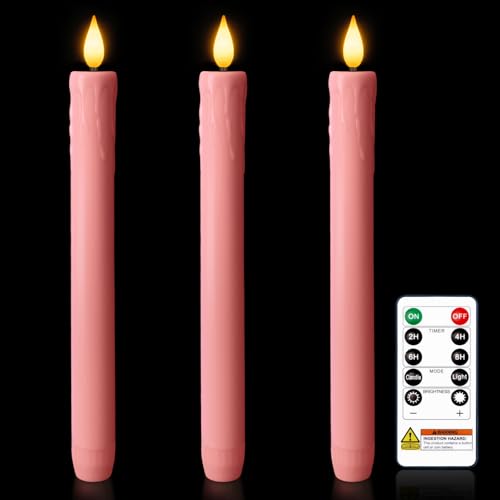 Image of Homemory 3 Pcs Waxy Pink Flameless Taper Candles with Remote Timer, LED Fake Candlesticks, 9.6 Inches Battery Tall Candle with 3D Flickering Flame for Wedding, Dinner, Christmas Anniversary Decor
