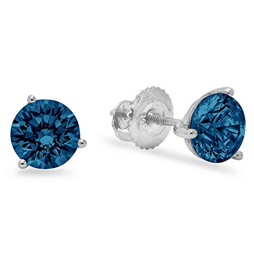 Clara Pucci 4.1 Ct Brilliant Round Cut Solitaire Vvs1 Flawless Natural London Blue Topaz Gemstone Pair Of 3 Prong Stud Martini Earrings Solid 18K White Gold Screw Back #TOP12