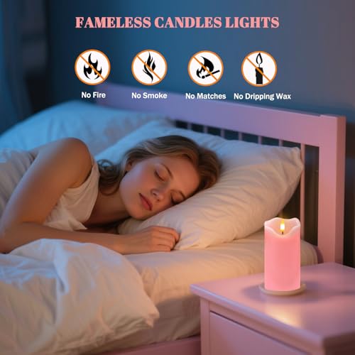 Image of VEEKI Flameless Candles Light, Set of 2 6 inchx3 inch Flickering LED Candle with Remote & Timer, Dimmable Electric Pillar Candles Battery Operated, Pink Candles for Valentine's Day Xmas Home Decor (2PC)