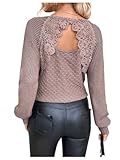 GORGLITTER Women's Lace Open Back Sweater Tops Long Sleeve V Neck Cut Out Knit Top Backless Fall Sweater Dressy Casual Light Purple Large