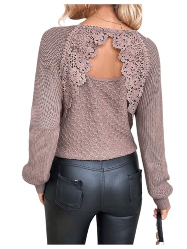 Gorglitter Women'S Lace Patchwork Cut Out Back Sweater Knit Long Sleeve V Neck Jumper Pullover Top Light Purple Large cover