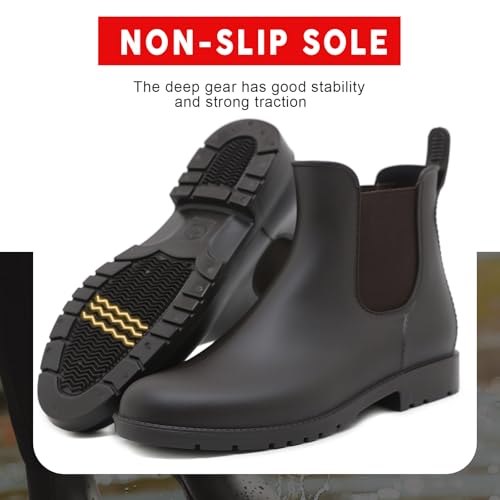 Acfoda Kurze Damen Gummistiefel Herren Regenstiefel Wasserdicht Lack Regen Schuhe Ankle Chelsea Boots Gummi Stiefel mit Blockabsatz Braun Gr.38