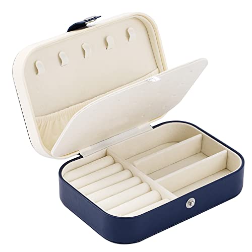 Travel Jewelry Box, PU Leather Small Jewelry Organizer for Women Girls, Double Layer Portable Mini Travel Case Display Storage Holder Boxes for Stud Earrings, Rings,Necklaces,Bracelets (Dark Blue)