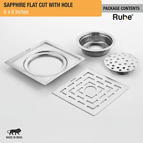 Image of Ruhe Sapphire Square Flat Cut Floor Drain | 304-Grade Stainless Steel Floor Drainer with Hole & Cockroach Trap (6 x 6 Inches) | Floor Drainer for Bathroom, Balcony