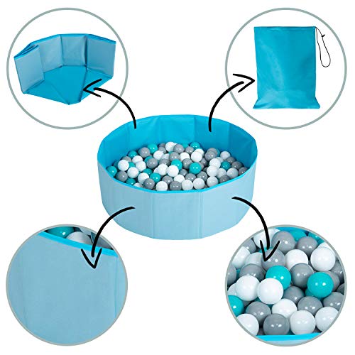 Selonis Piscine À Balles Multicolores Piscine Pliable 100 Balles Pour Les Enfant, Bleu: Blanc/Gris/Turquoise