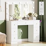 Makeup Vanity Desk with Mirror and Lights,Vanity Table with Power Outlet, Hairdryer Rack, 7 Drawers,11 Lights 3 Color Modes and Adjustable Brightness,Vanity Desk Dressing Table for Bedroom (White)
