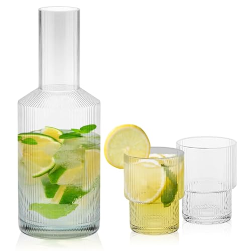 Juego de jarra de agua, jarra de cristal, botella de cristal de 1 litro, mesita de noche, jarra, jarra acanalada para bebidas caseras, agua, leche, café, vino, té helado, jugo