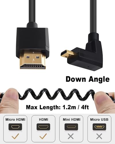 Image of Duttek 4K Coiled 90 Degree HDMI to Micro HDMI Cable 1FT-4FT, Extreme Slim Down Angled Micro HDMI Male to HDMI Male Coiled Cable for 1080P, 4K, Ultra HD, 3D