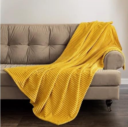 HOMES-LINEN Chunky Ribbed Cord Faux Fur Velvet Touch Thick Sofa Bed Throwover Soft touch Blanket (Ochre, 200 x 240CM)