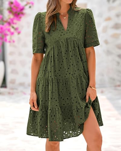 Image of BTFBM Womens Boho Summer Dresses 2026 Spring V Neck Short Sleeve Hollow Out Lace Ruffle Casual Beach Mini Vacation Dress
