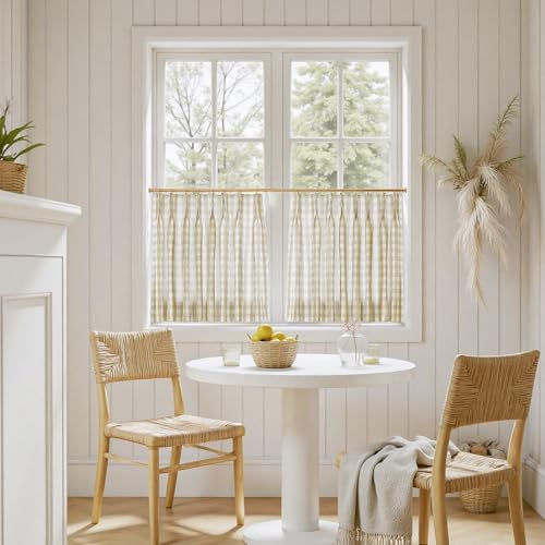 Image of TWOPAGES Pinch Pleat Cafe Curtains 36 Inch Long Buffalo Plaid Light Filtering Farmhouse Half Window Curtains for Small Window (Khaki Small Plaid, 26W x 36L Inches, Set of 2)