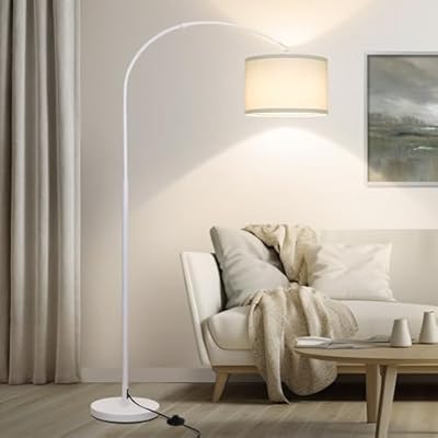 White Arc Floor Lamp, Modern Floor Lamp for Living Room with Adjustable Lamp Head, Tall Pole Standing Lamp with On/Off Pedal Switch, Over Couch Arched Reading Light for Bedroom, Office, Study Room