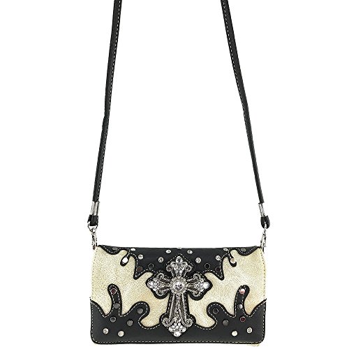 Justin West Gleaming Western Laser Cut Rhinestone Turquoise Cross Studded Wristlet Trifold Wallet Attachable Long Strap Collection (Beige Black) #TOP2